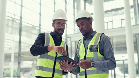 tablet, teamwork and engineer people talking