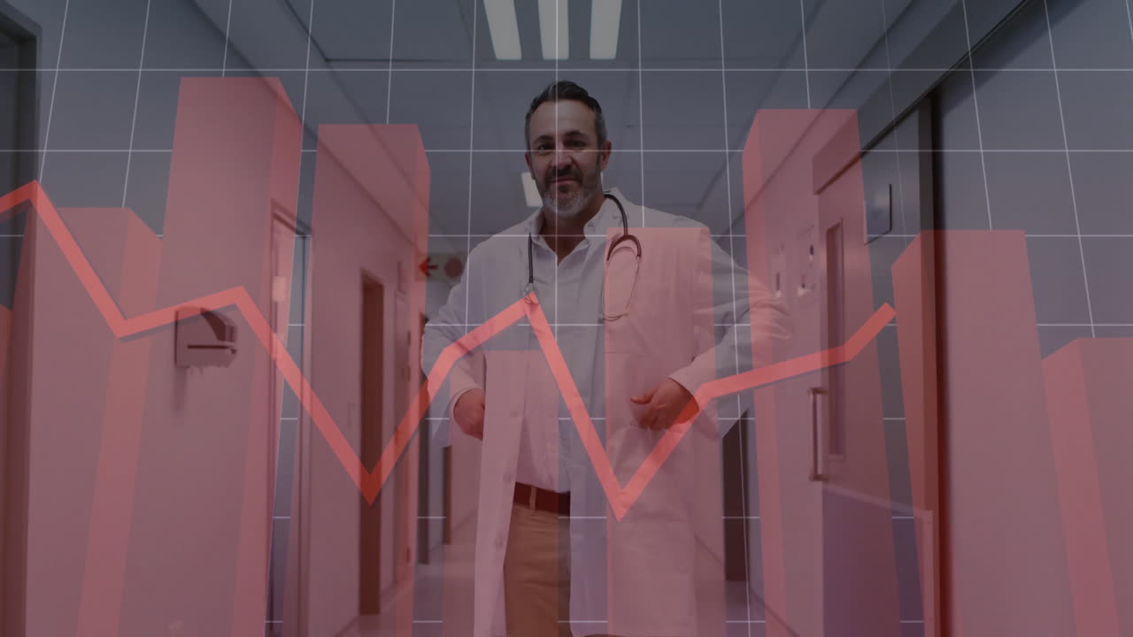 Doctor in hospital hallway with fluctuating financial graph overlay animation