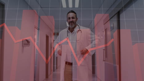 doctor in hospital hallway with fluctuating financial graph overlay animation