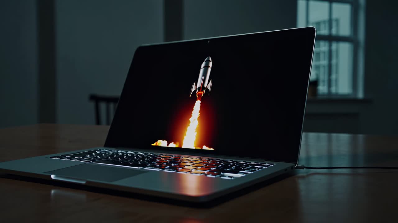Laptop with rocket launch screen