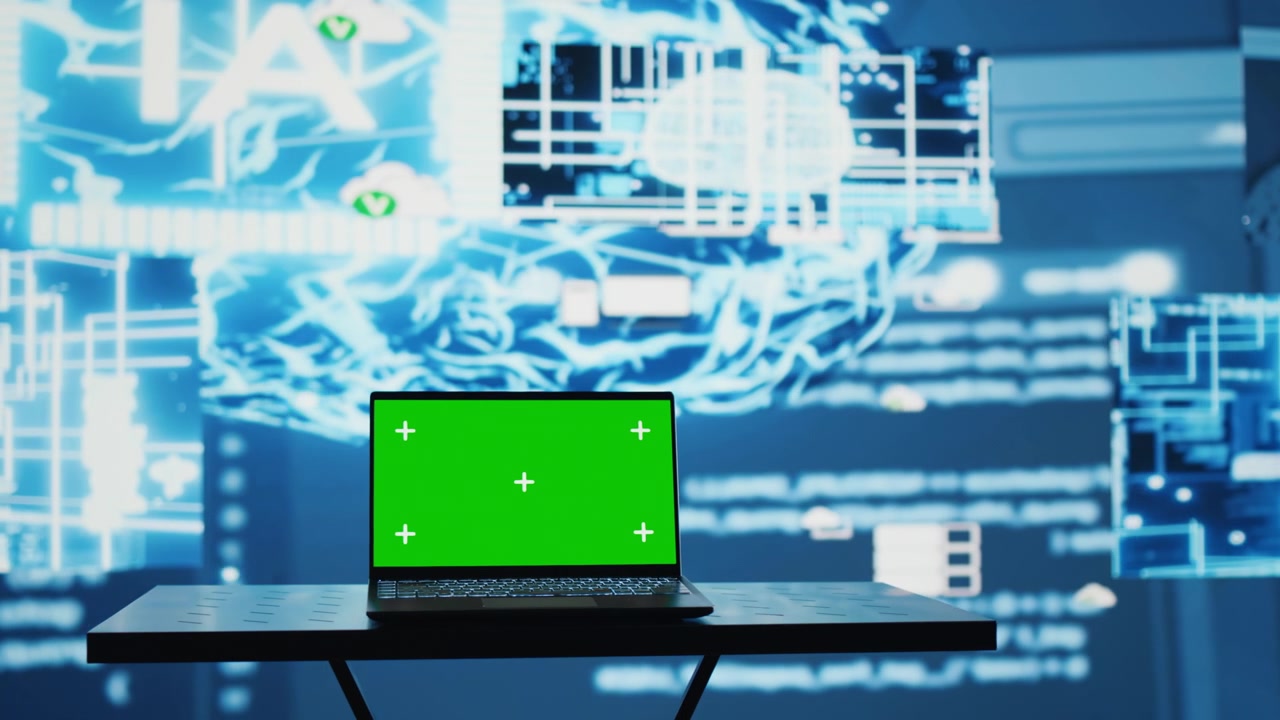Schermo di computer green screen circondato da grafica di intelligenza artificiale