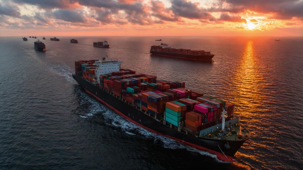A Majestic Container Ship Navigates the Sunset-Lit Ocean, Surrounded by Other Vessels on the Horizon, Capturing the Beauty of Maritime Trade and Global Logistics