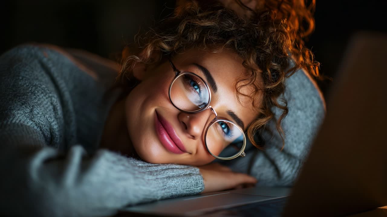 Captivating Portrait of a Young Woman with Curly Hair and Glasses, Laughing and Resting Her Head on a Laptop in a Softly Lit Room, Exuding Warmth and Charm