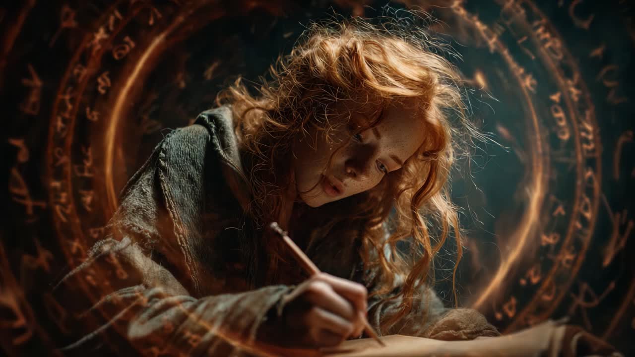 A Young Sorceress Engaged in a Mystical Writing Ritual, Surrounded by Enigmatic Symbols and Powerful Magic, Channeling Ancient Knowledge into Her Craft