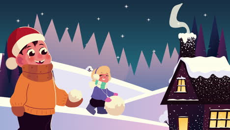 kids couple wearing winter clothes playing with snowball in the house snowscape scene