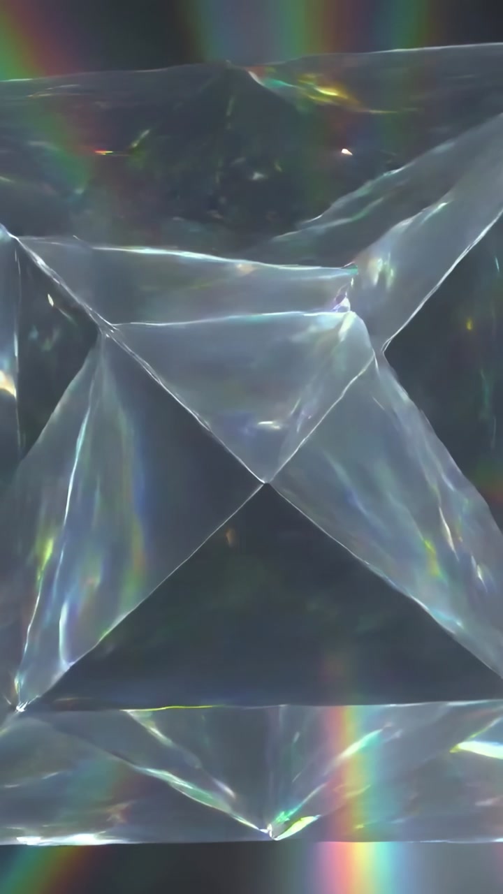 Vertical video: Panning inflated pyramid showing shifting seams, creases, prism streaks in studio