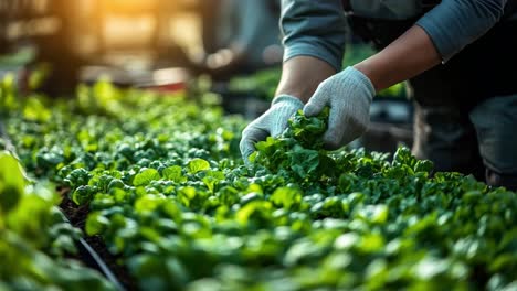 Hands harvesting organic vegetables in a greenhouse