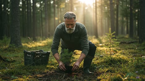 a dedicated gardener plants a young evergreen tree in a sunlit forest, signifying commitment to nature and environmental sustainability