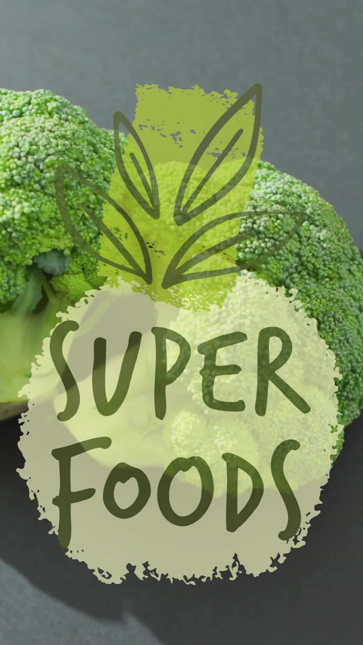 Broccoli with SUPER FOODS text animation over green leaf graphic
