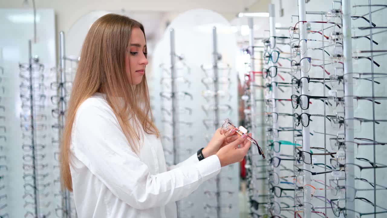 Young woman at optical store. Smiling female choosing fashionable spectacles at eyewear shop. Health care, eyesight and vision concept.