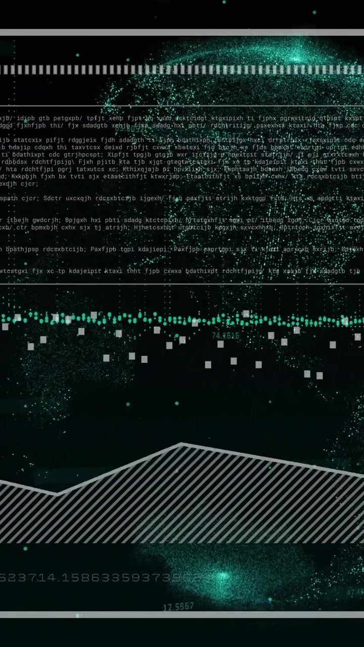 Vertical video: Incoming data feed driving analytics UI, updating text, forming particle cloud