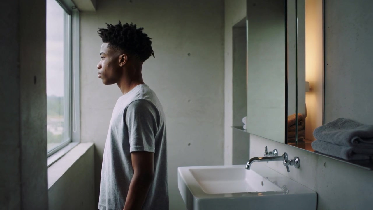 Gazing African American man in light grey T-shirt peering through bathroom window, with sink mirror