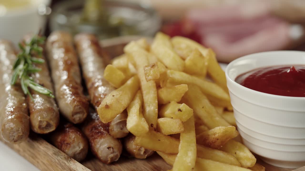 Salsichas grelhadas e batatas fritas douradas com ketchup