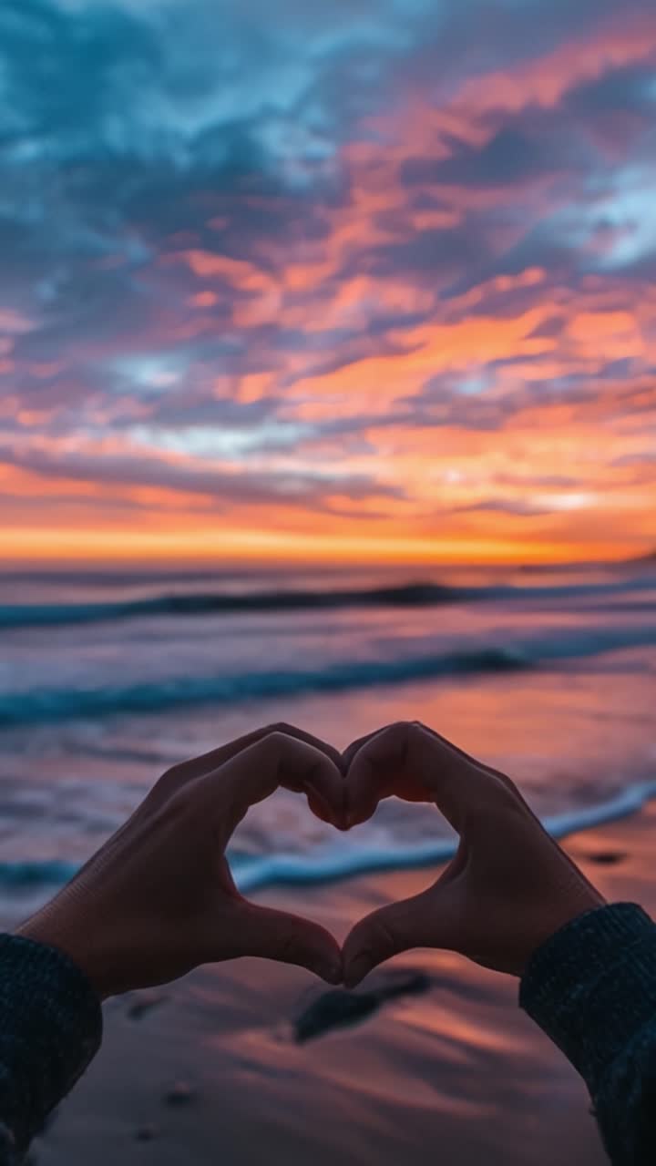 Captivating Sunset Scene with Heart-Shaped Hand Gesture at the Beach, Showcasing Vibrant Colors and a Tranquil Atmosphere in Nature's Beauty