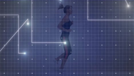 Animation-of-woman-running-with-glowing-lines-processing-on-grid