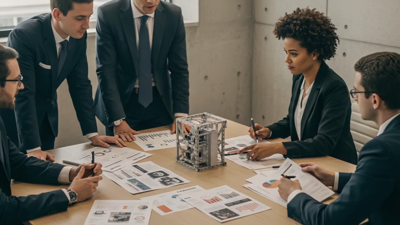 A Group of Professionals Engaged in a Strategic Discussion, Analyzing Data and Proposals Around a Central Model During a Meeting in a Modern Office Environment