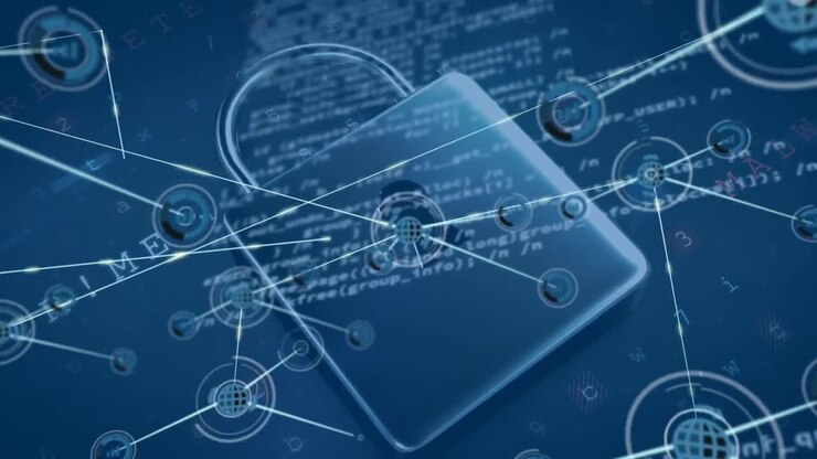 Animation of network of connections over numbers and padlock