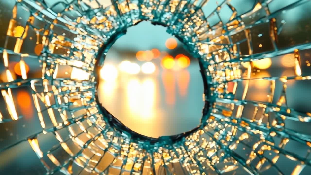 Glass shards gleam in city light. Close-up of shattered glass with vibrant, blurred city lights in the background, creating a striking effect.