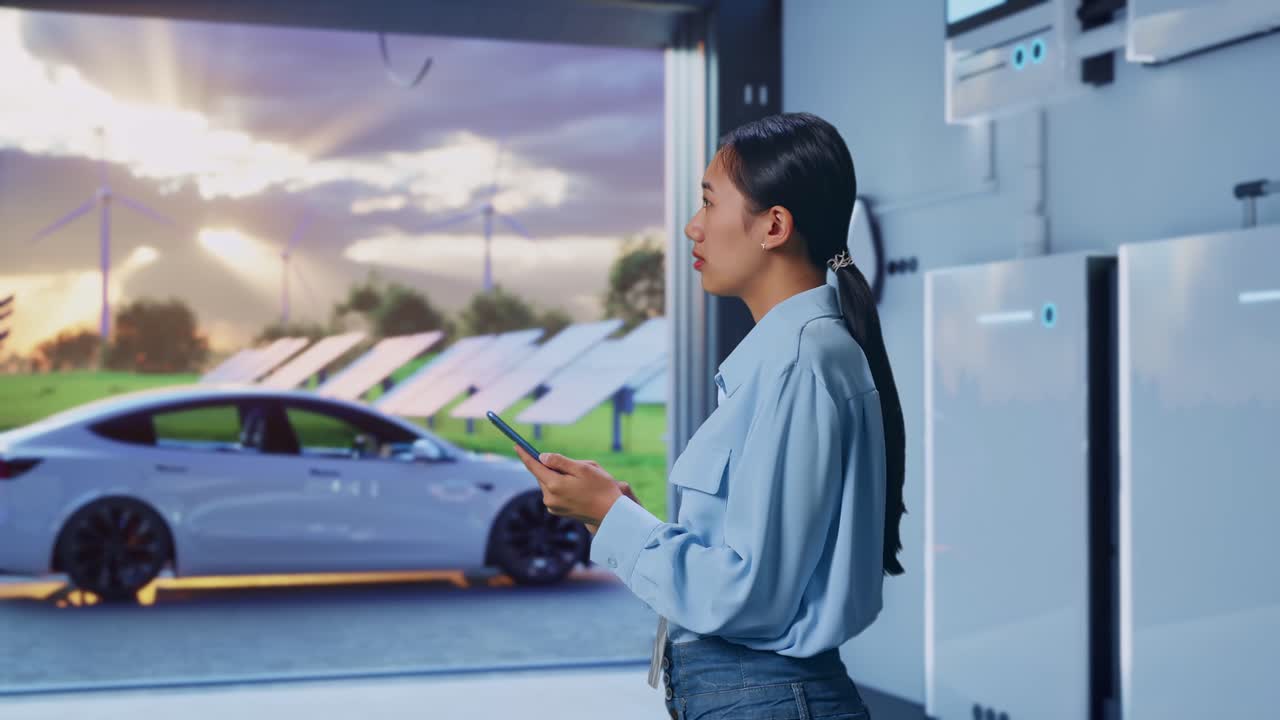 Side View Of Asian Female With Home Energy Storage System In a Modern Garage, Observes By Looking Up Then She Come To Concentrating On The Phone And Keep On Checking