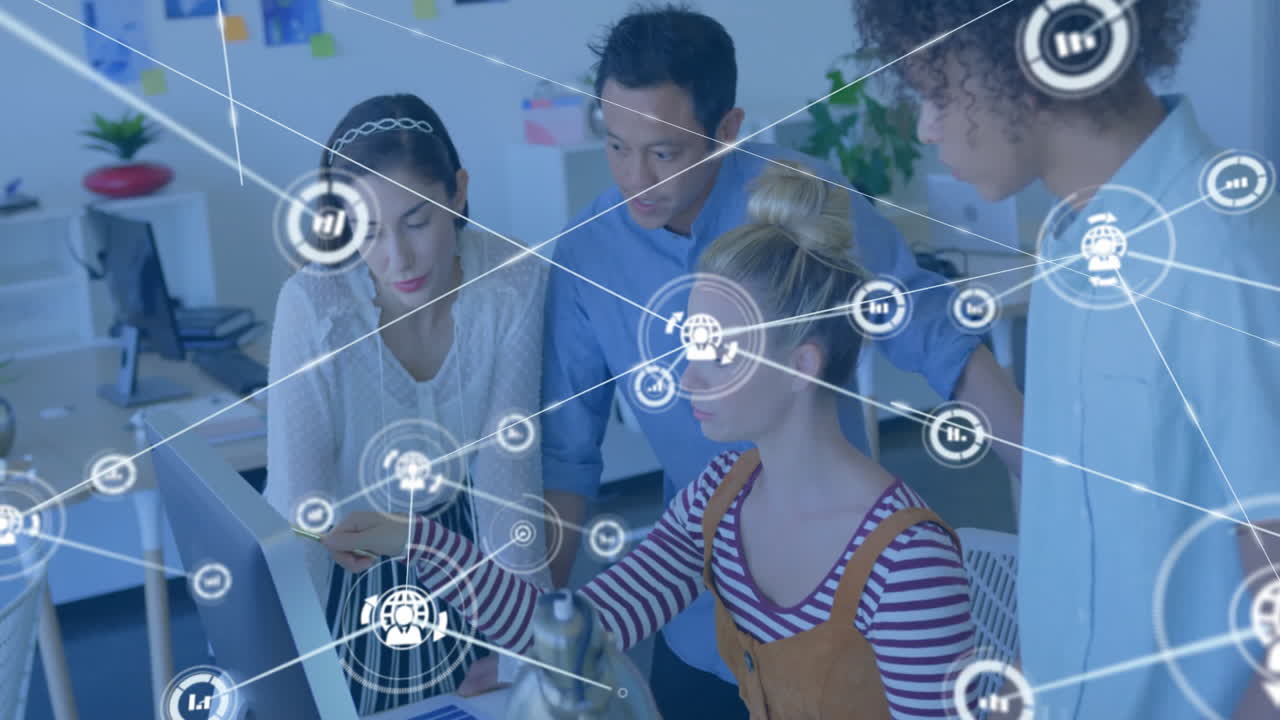 통계의 아이콘과 사무실의 다양한 사업가들과의 연결망의 활성화