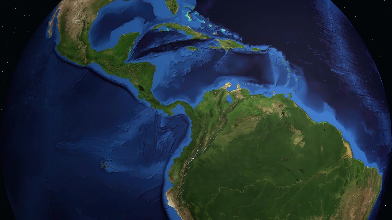 Cyfrowy globus obraca się i przybliża do Panamy, wyświetlając informacje regionalne oraz pinezkę lokalizacji.