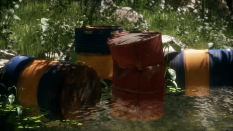 Rusty-barrels-in-green-forest