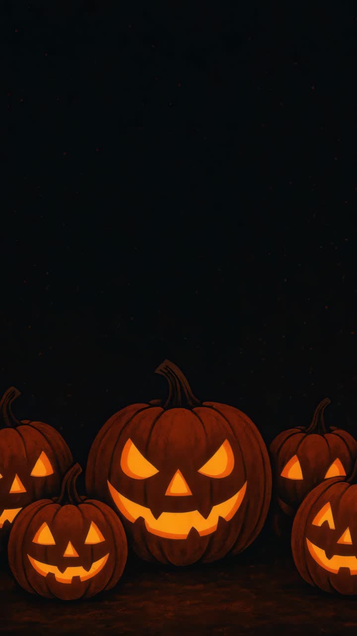 Low-angle shot of glowing jack-o'-lanterns under a dark sky, creating a spooky Halloween atmosphere