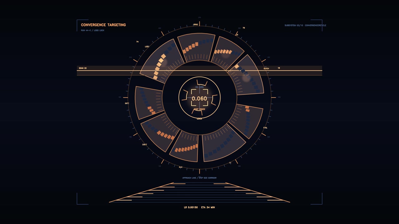 This graphic displays a high tech targeting interface with rotating segments and real time data updates. The dark background highlights the motion and graphics