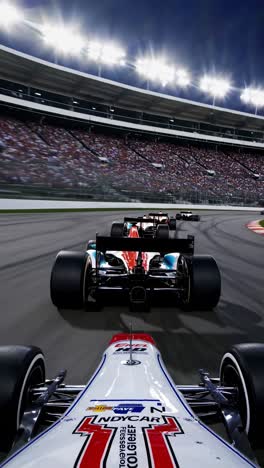 first-person view from a formula one car racing on a circuit at night, chasing other cars with stadium lights and blurred crowd in the background