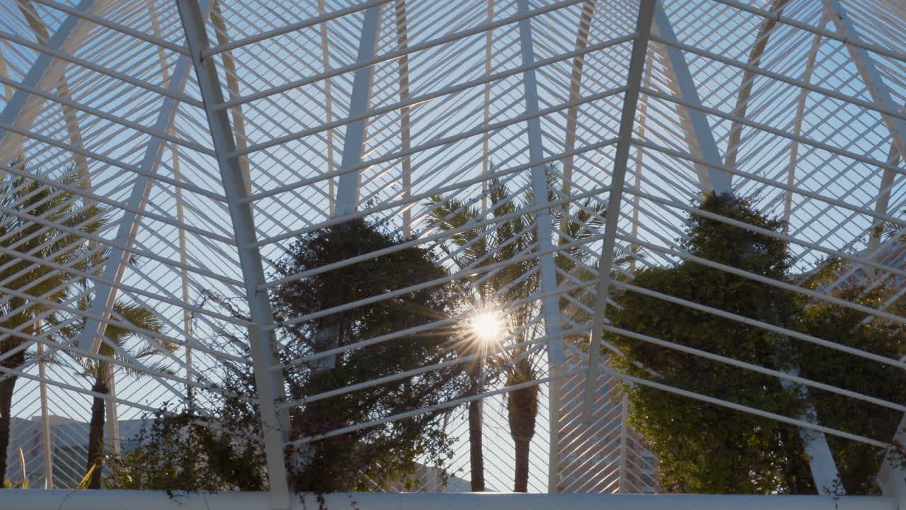 rayos de sol a través del edificio umbracle en la ciudad de las artes y la ciencia, valencia, españa