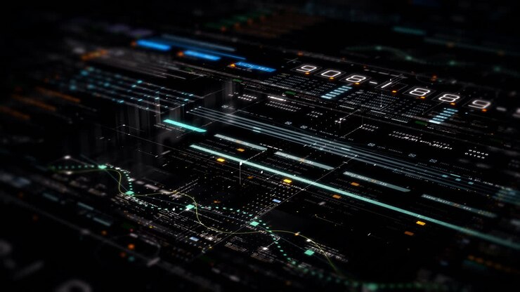 Futuristic abstract de-focus flowing data matrix, meta, metaverse, telemetry and encrypt numbers display with particles simulation in cyber space environment for head up display background