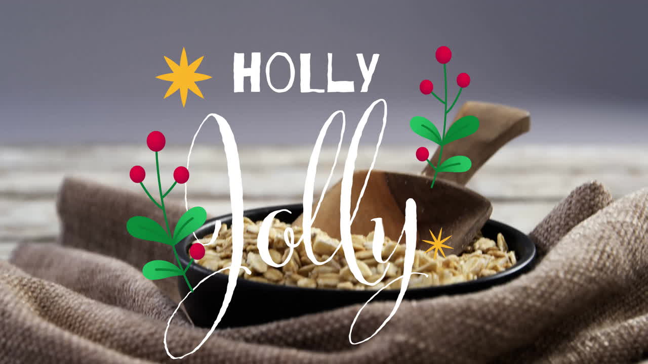 Festive decorations with animation over bowl of oats on rustic table