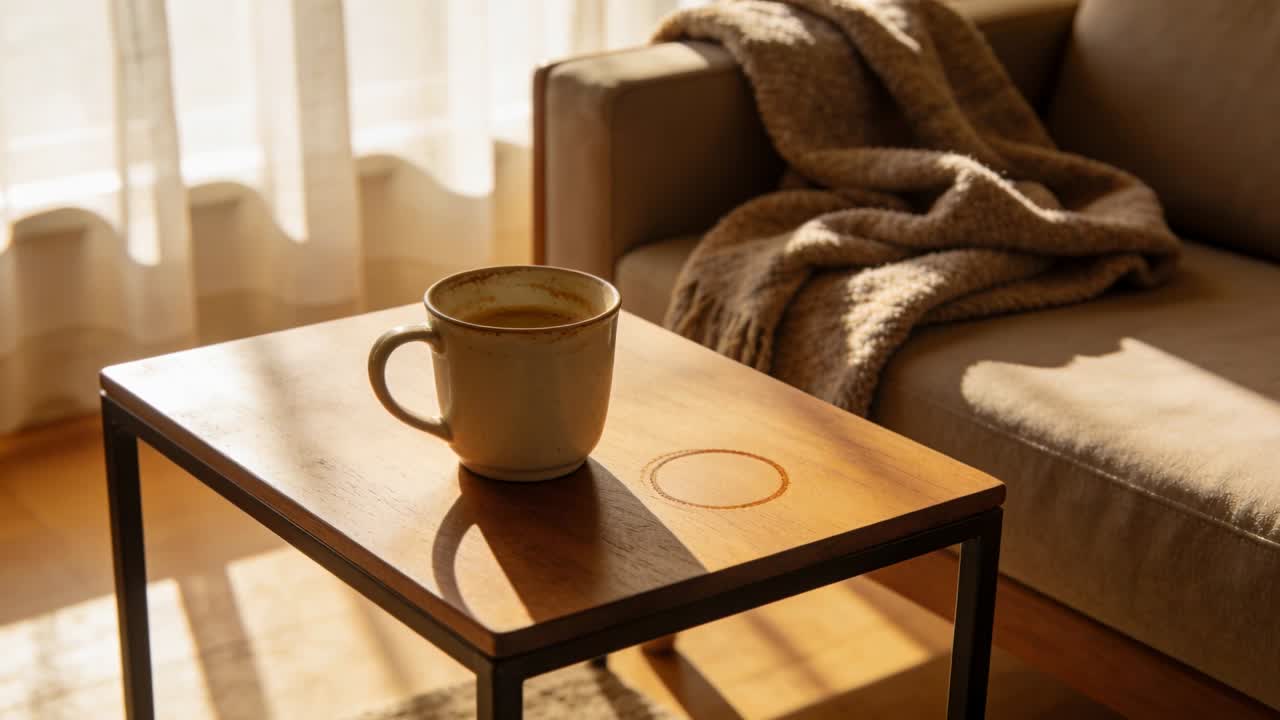 Shifting sunlight moving pale mug shadow across side table at home with ring stain, copy space
