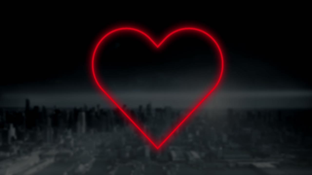 어두운 도시 풍경에서  ⁇ 은 네온 심장이  ⁇ 박이는 애니메이션