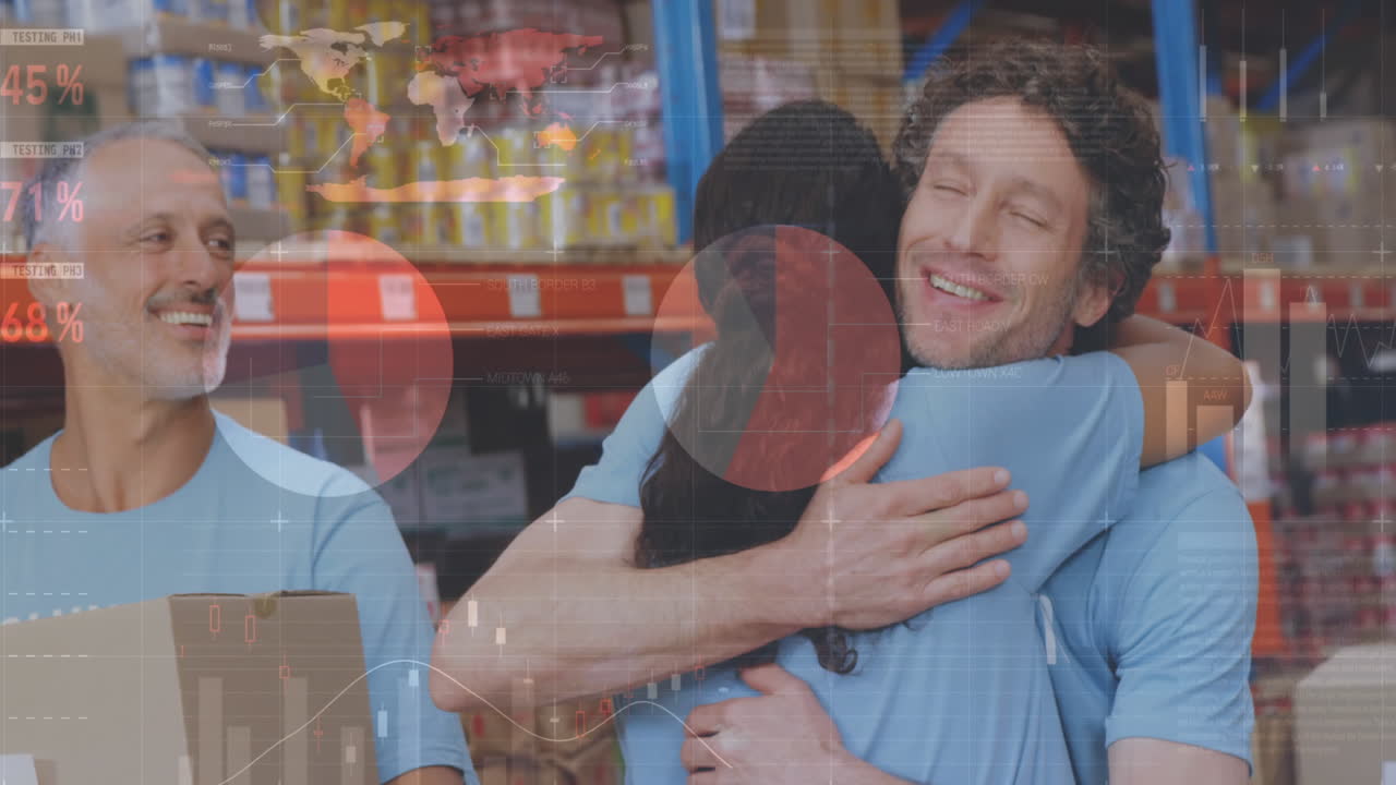 procesamiento de datos estadísticos sobre diversos voluntarios masculinos y femeninos abrazándose en el almacén