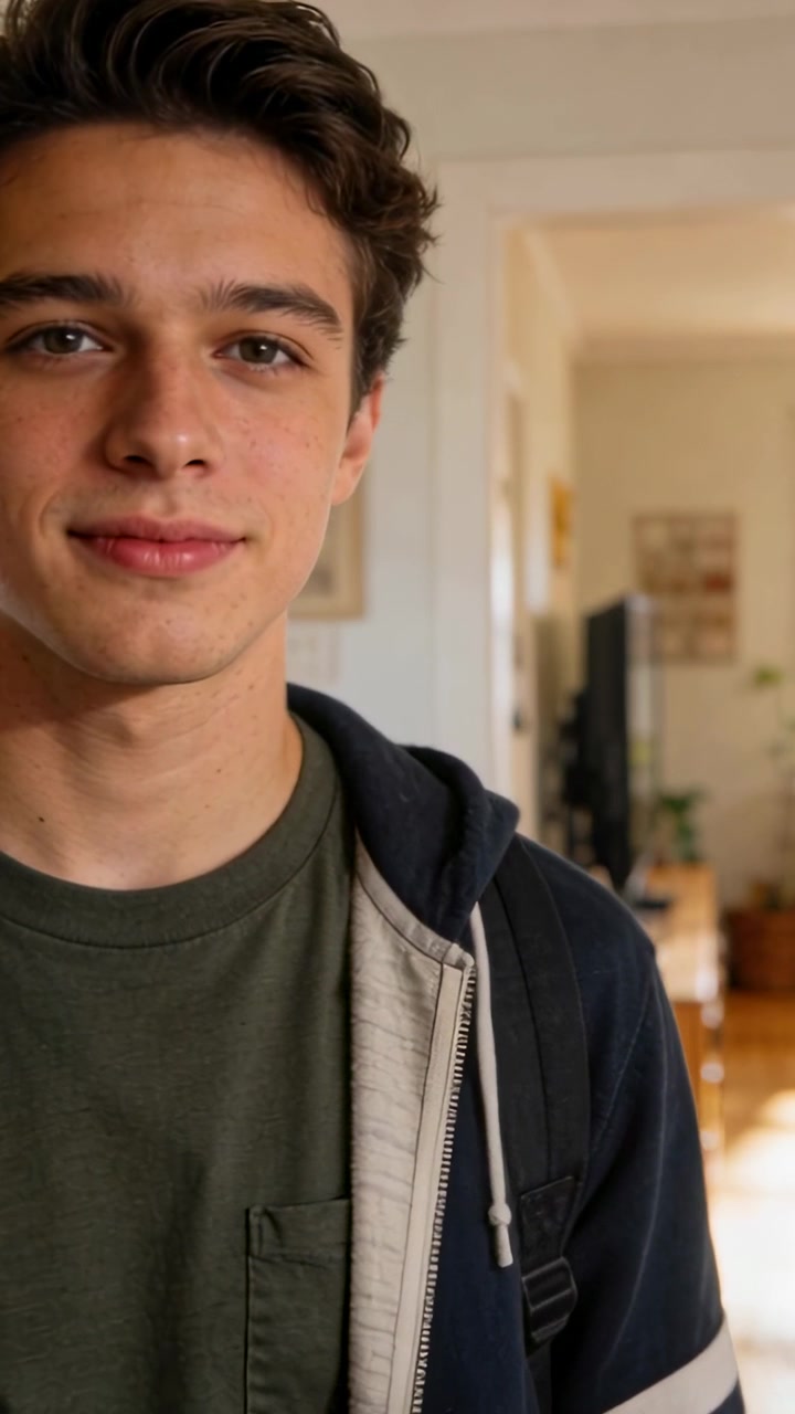 Video verticale: Adolescente che reagisce allo zoom della fotocamera, aggiustando lo sguardo nel corridoio, con felpa con cappuccio e spallina dello zaino