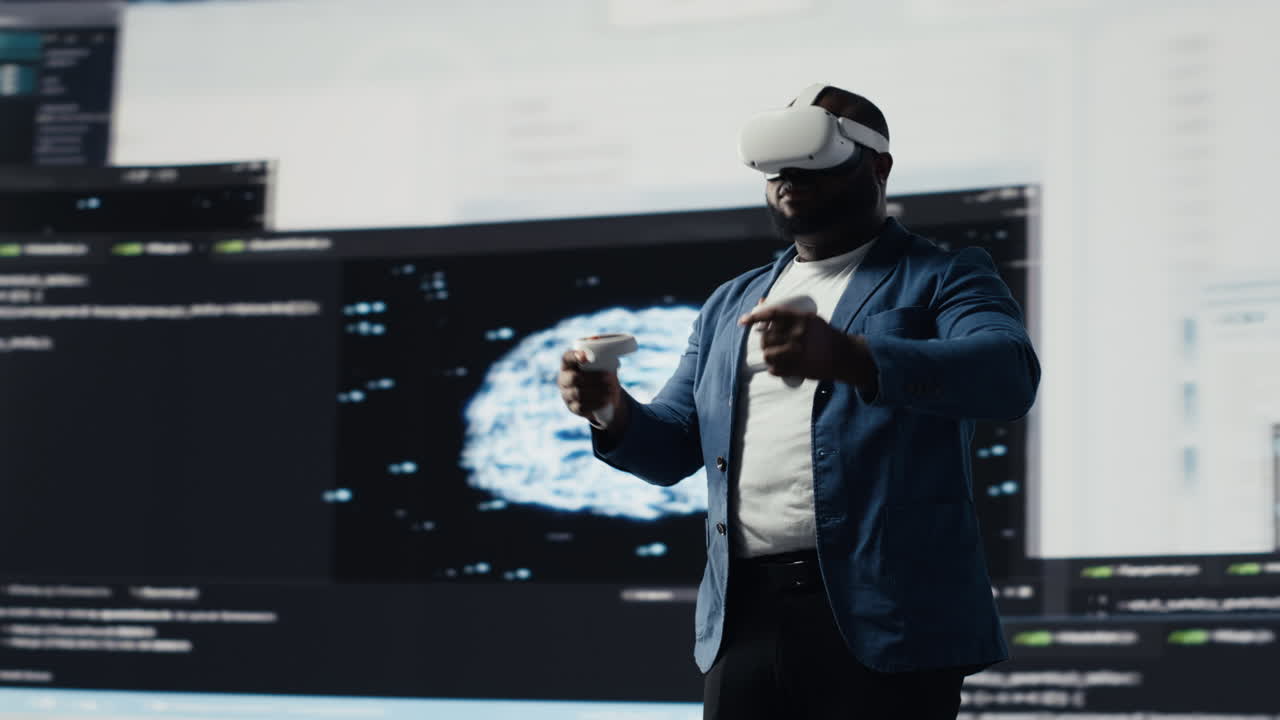 African American programmer engaging in virtual reality with a headset