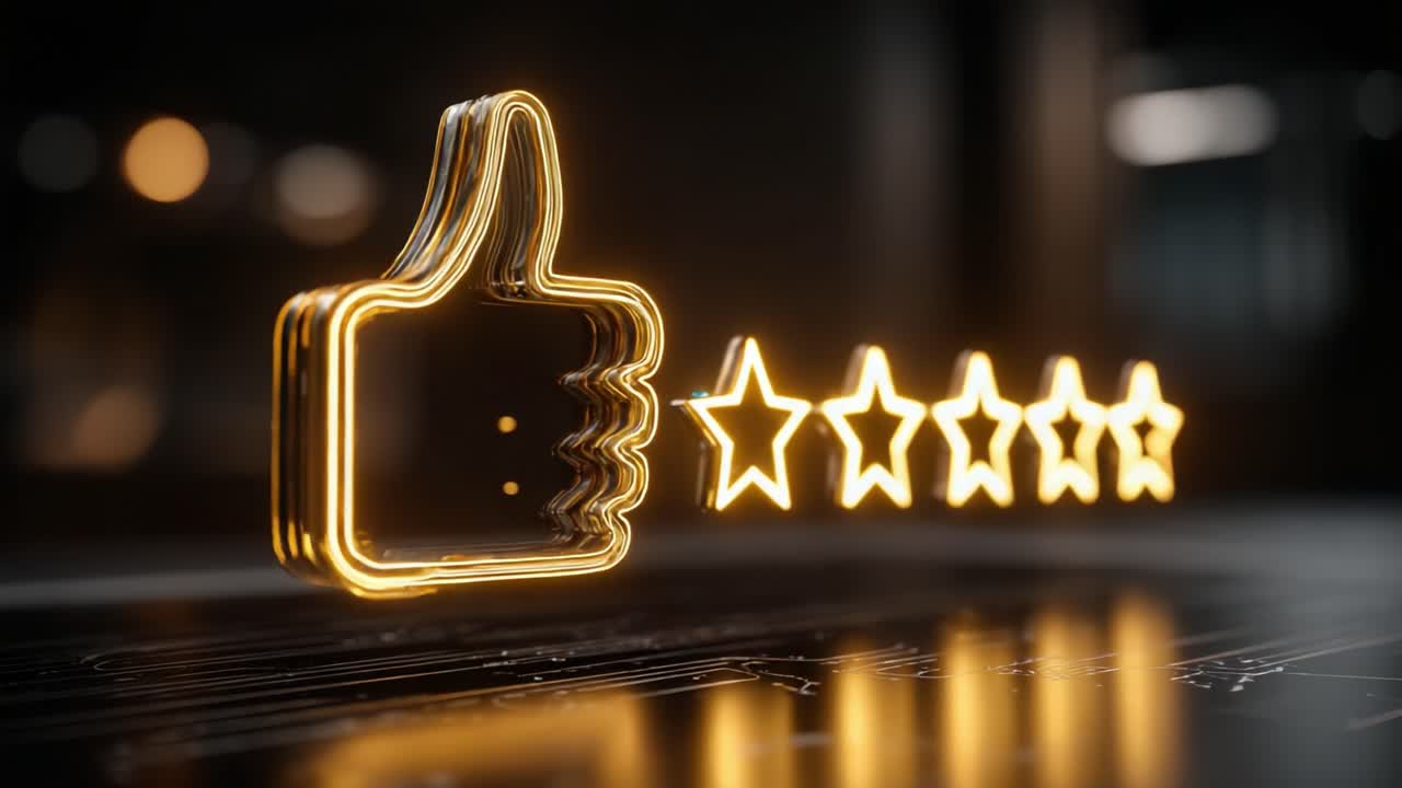 A Glowing Thumbs-Up and Five Golden Stars Illustrating Positive Feedback or Ratings in a Modern Digital Environment