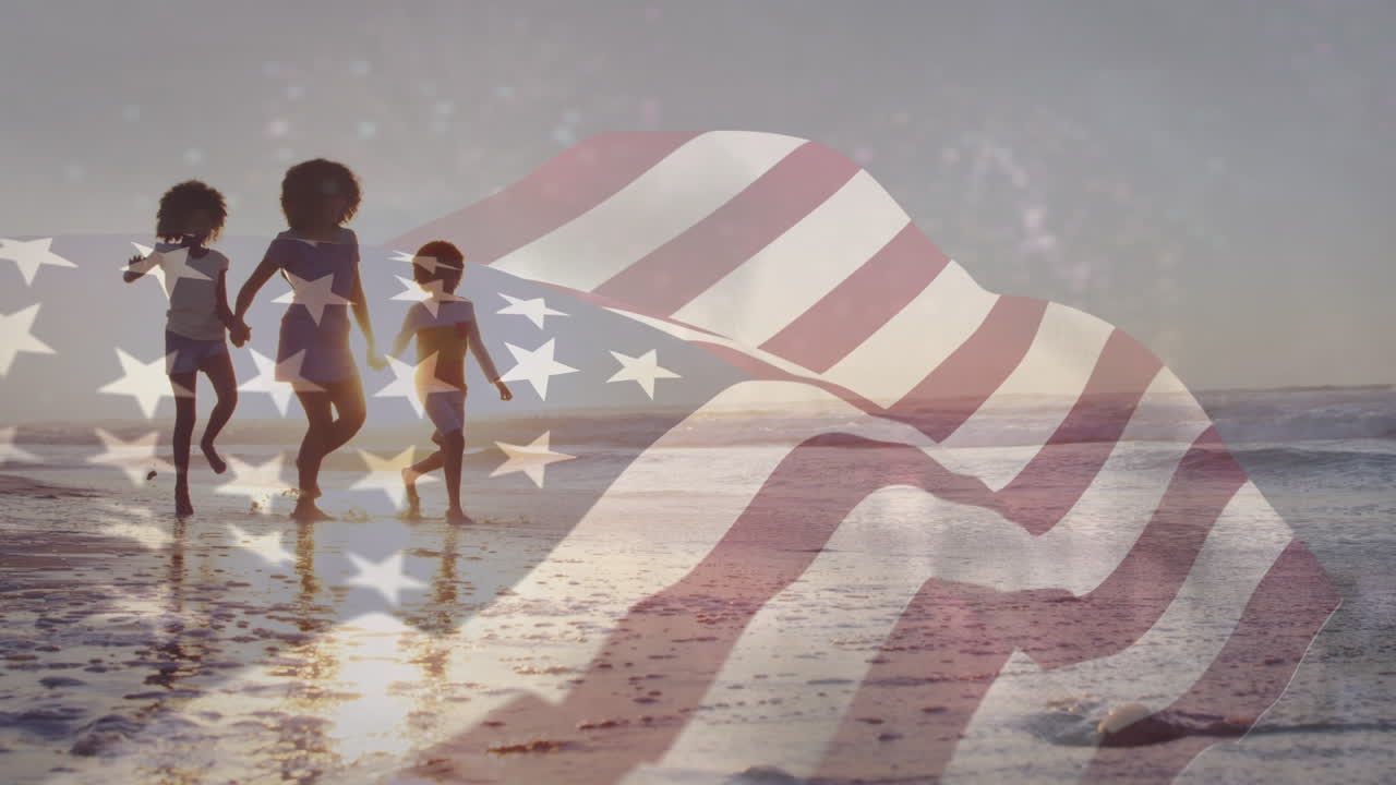 animación de la bandera de los estados unidos sobre una familia afroamericana en la playa