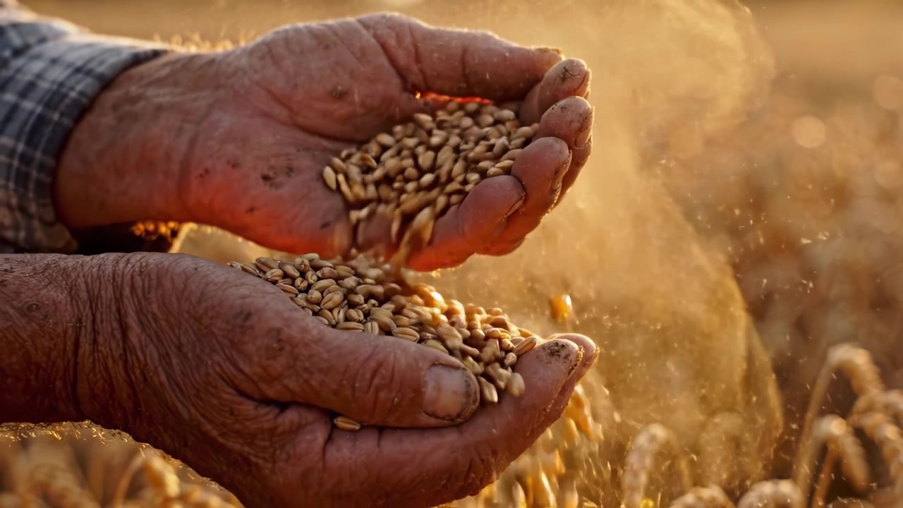 Mãos de um Agricultor Seguram Grãos, Simbolizando a Abundância da Colheita em um Campo Dourado Banhado em Luz Quente, Capturando a Essência da Agricultura e do Trabalho