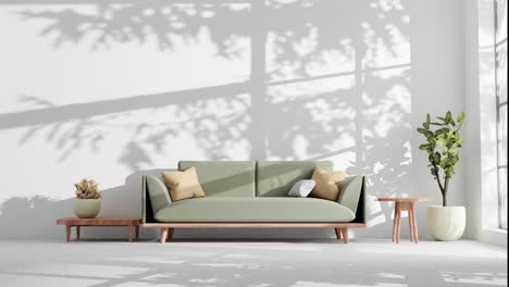 modern apartment living room with couch sofa and shadows of tree leaf moving on the wall by gently summer wind breeze rendering animation