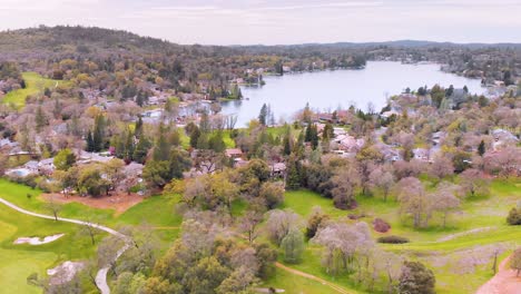 lake of the pines luxury golf neighborhood in auburn, california - surrounded by beautiful green pine and assorted trees, vivid bright green golf course and nature - drone flying up for the best view