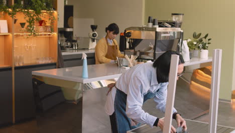 waiter cleaning coffee shop tables with rag, while his female colleague cleaning countertop