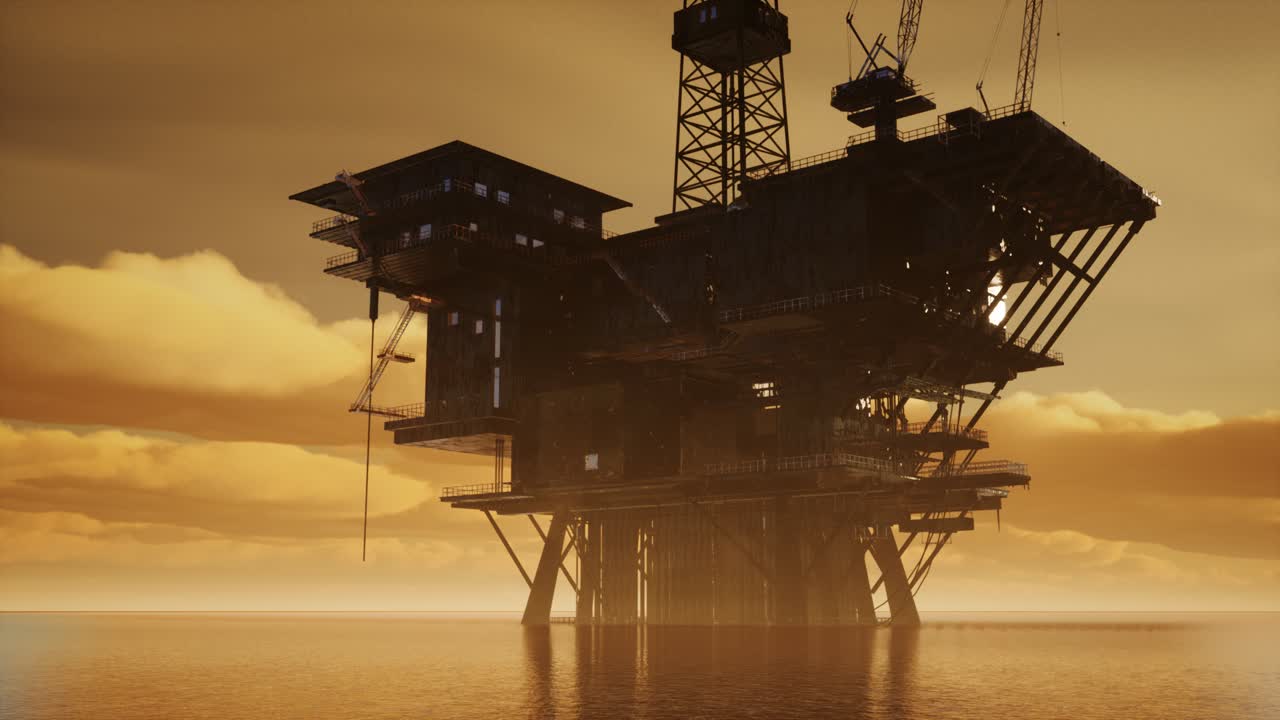 Offshore Jack Up Rig in The Middle of The Sea at Sunset Time
