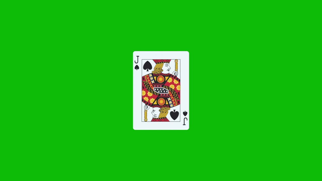 Una carta da poker jack di picche ruota e si rivela su schermo verde, animazione 3D. Puoi modificare la tempistica della clip per controllare l'effetto di rivelazione.