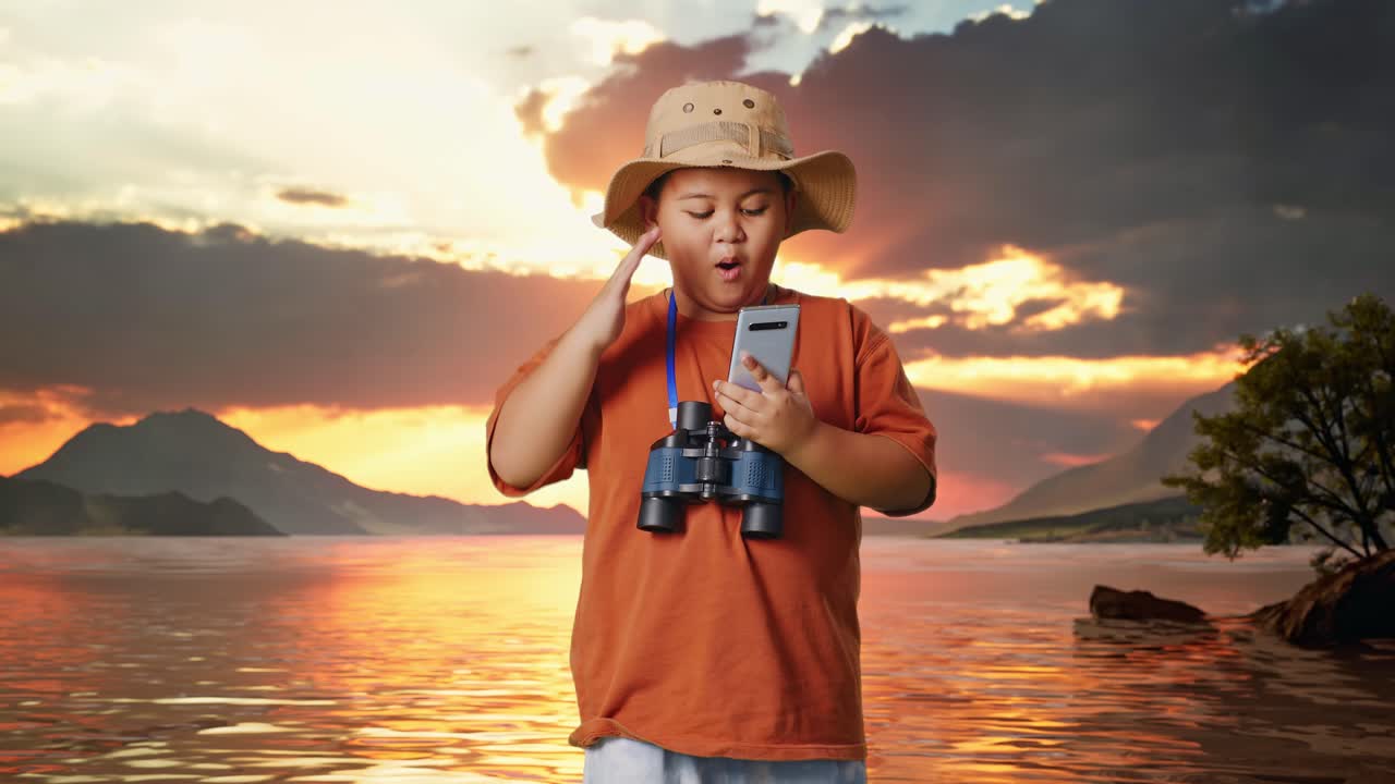 niño explorador con binoculares y teléfono inteligente al atardecer