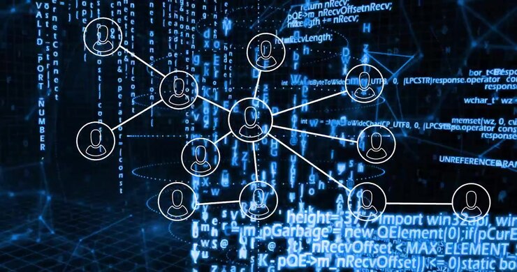 Upon receding grid, nodes emerging and filling icons, extending lines visualizing network