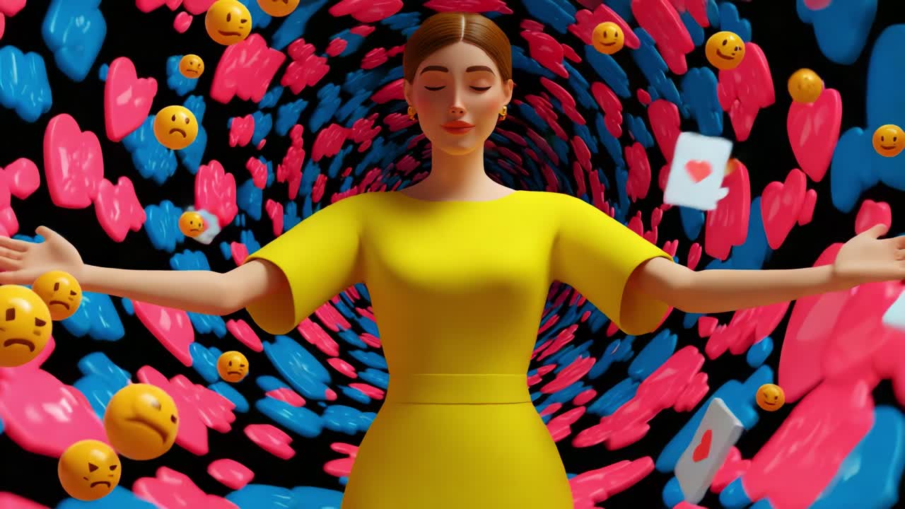 A vibrant illustration featuring a serene character in a yellow dress, surrounded by a swirling vortex of colorful emojis and hearts, symbolizing emotional expression and connection in a playful digital landscape