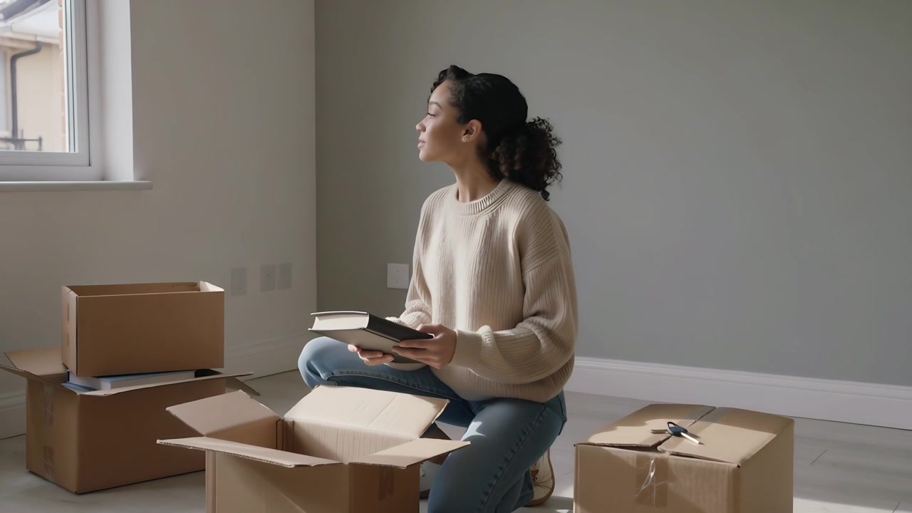 Kneeling woman in sweater, opening sealed moving box, unpacking books, gazing out window after move