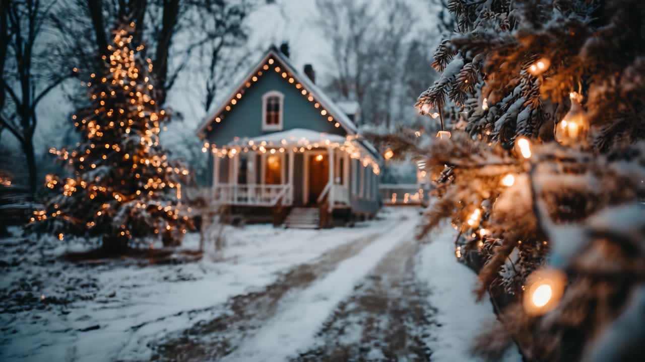 Enchanting Winter Evening Scene Featuring a Cozy Home Decorated with Festive Lights and Surrounded by Snow-Covered Trees and a Beautiful Christmas Tree